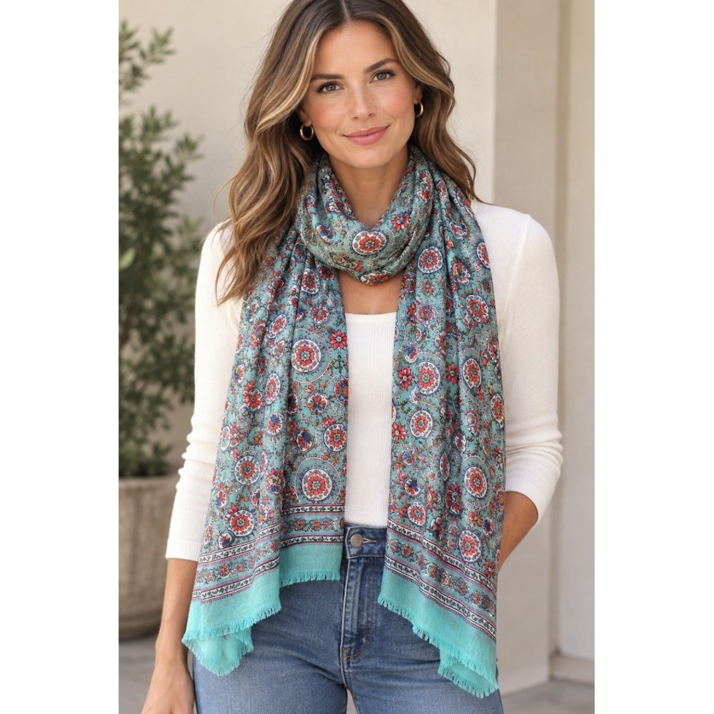 Womens Turquoise Paisley Floral Medallion Scarf Wrap Eyelash Fringe Boho Multi